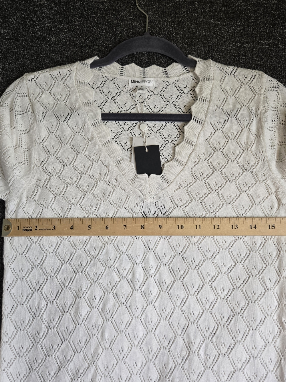 MinnieRose Sweater Womens S White Pointelle Open Knit Cotton Cashmere V Neck New - Picture 8 of 12